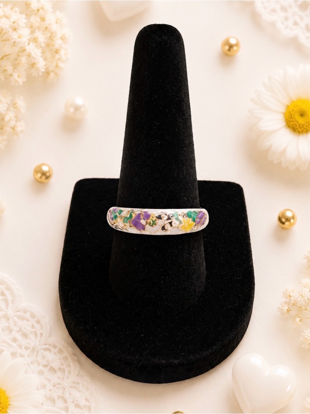 Gold-Plated Floral Enamel Ring with Multicolor Stones Size 7
